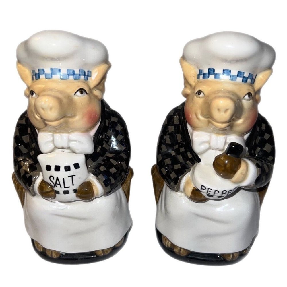 Vintage Department 56 Jam Bon Pig Salt & Pepper Shakers Black White Brown Set 2